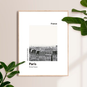 Cartel imprimible PARIS, impresión del horizonte de la ciudad, impresión moderna de la ciudad europea, impresión minimalista de la ciudad, impresión en blanco y negro, regalo de viaje imagen 3