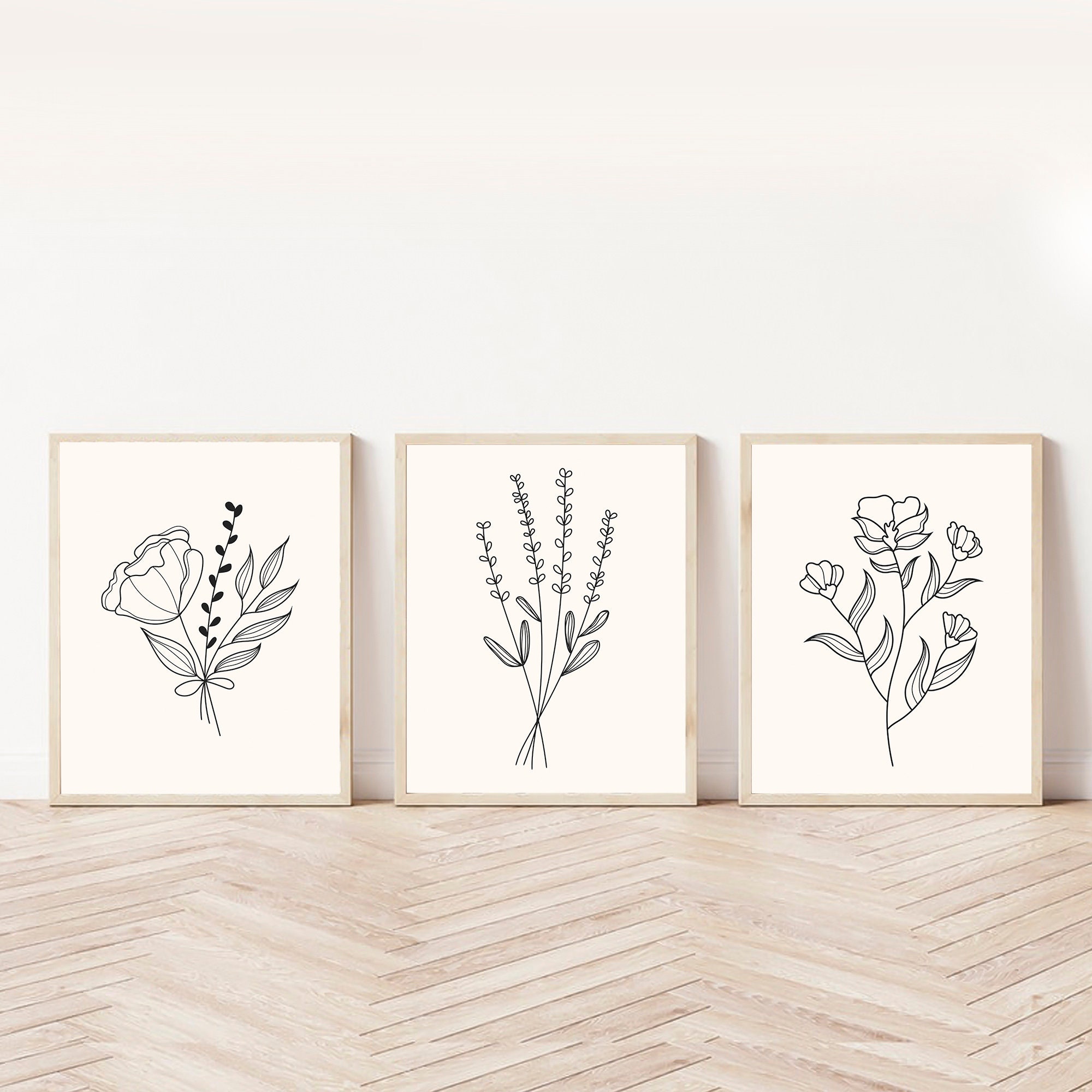 Botanical Print Set of 3 Floral Line Art Minimalist Wall | Etsy
