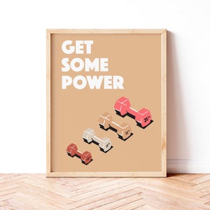 May include: A motivational poster with the text "GET SOME POWER" in white letters on a light brown background. Five pink, beige, and white dumbbells are arranged in a row, with the weight of each dumbbell labeled in inches.