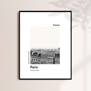 Cartel imprimible PARIS, impresión del horizonte de la ciudad, impresión moderna de la ciudad europea, impresión minimalista de la ciudad, impresión en blanco y negro, regalo de viaje imagen 1