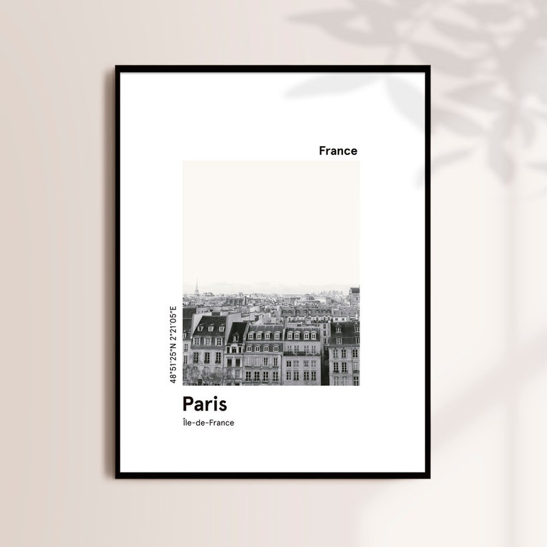 Cartel imprimible PARIS, impresión del horizonte de la ciudad, impresión moderna de la ciudad europea, impresión minimalista de la ciudad, impresión en blanco y negro, regalo de viaje imagen 1
