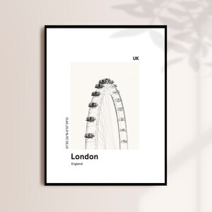 Cartel imprimible LONDRES, impresión del horizonte de la ciudad, impresión del ojo moderno de Londres, impresión moderna de la ciudad, impresión en blanco y negro, regalo de viaje imagen 3