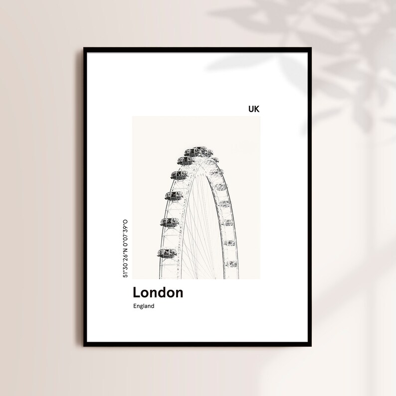 Cartel imprimible LONDRES, impresión del horizonte de la ciudad, impresión del ojo moderno de Londres, impresión moderna de la ciudad, impresión en blanco y negro, regalo de viaje imagen 3