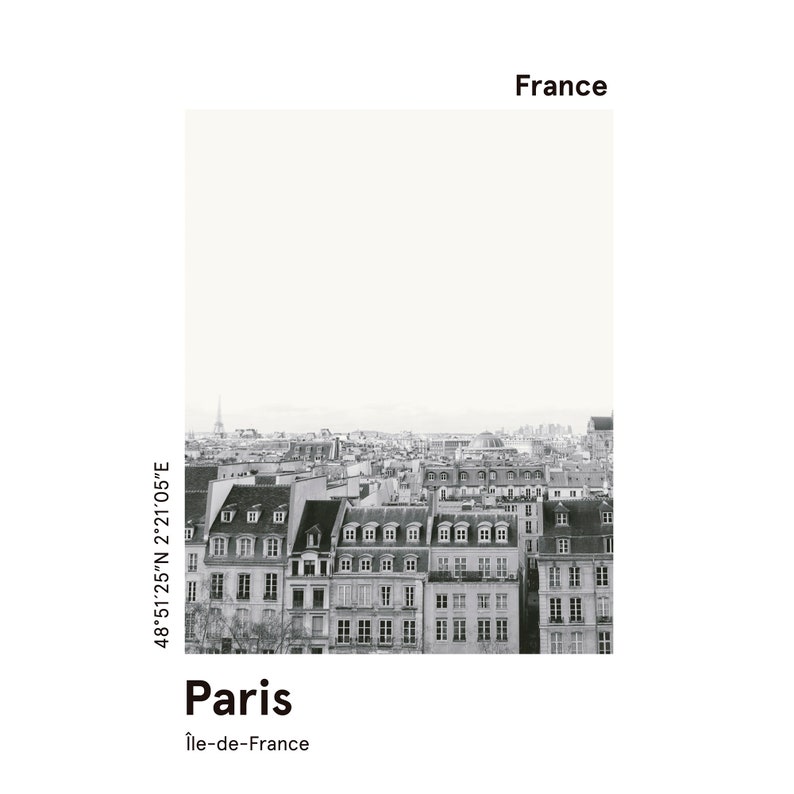 Cartel imprimible PARIS, impresión del horizonte de la ciudad, impresión moderna de la ciudad europea, impresión minimalista de la ciudad, impresión en blanco y negro, regalo de viaje imagen 8