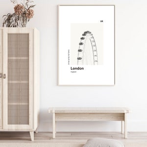 Cartel imprimible LONDRES, impresión del horizonte de la ciudad, impresión del ojo moderno de Londres, impresión moderna de la ciudad, impresión en blanco y negro, regalo de viaje imagen 2