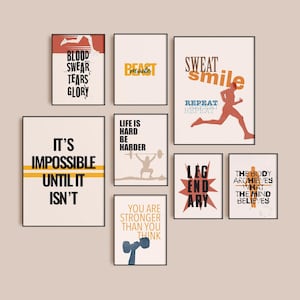Home gym sign, Set of 8 Prints, Fitness printable, Retro poster, Motivational wall art for gym, Gallery Wall Print, Home Gym Decor, Gym Sign