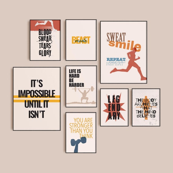 Home gym sign, Set of 8 Prints, Fitness printable, Retro poster, Motivational wall art for gym, Gallery Wall Print, Home Gym Decor, Gym Sign