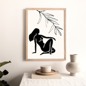 Abstract Woman Print, Minimalist Female Figure Art, Matisse inspired Body Figure, Black and White Aesthetic Room Decor, Boho Printable Art