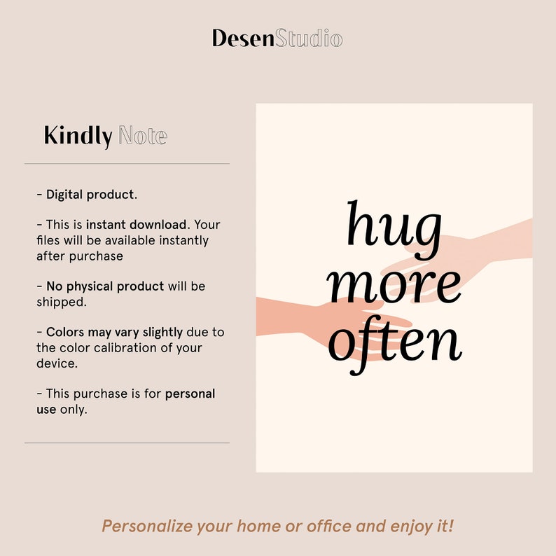 Puede incluir: Un dise&ntilde;o de arte de pared imprimible con una ilustraci&oacute;n rosa y blanca de dos manos que se alcanzan. El texto "hug more often" est&aacute; escrito en letra cursiva negra.