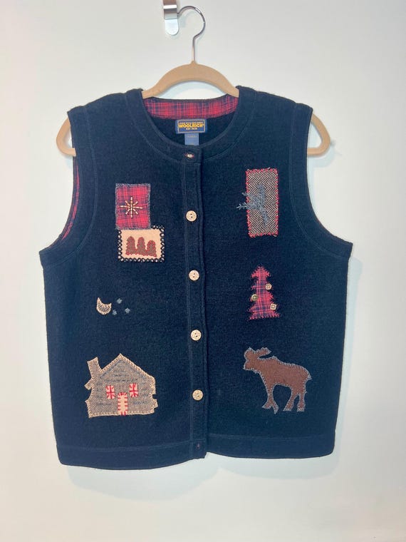 Vintage 90s Woolrich Wool Sweater Vest Womens Large Black Moose 