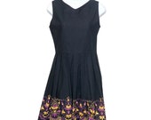 Vintage hand made Tyrol Oktoberfest Dirndl Dress Black Embroidered with purple and yellow