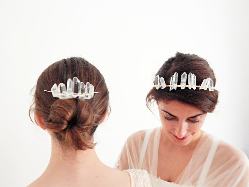 Golden Hera tiara woven with natural stones, rock crystal points, for weddings or other occasions image 8