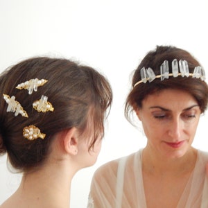 Golden Hera tiara woven with natural stones, rock crystal points, for weddings or other occasions image 10