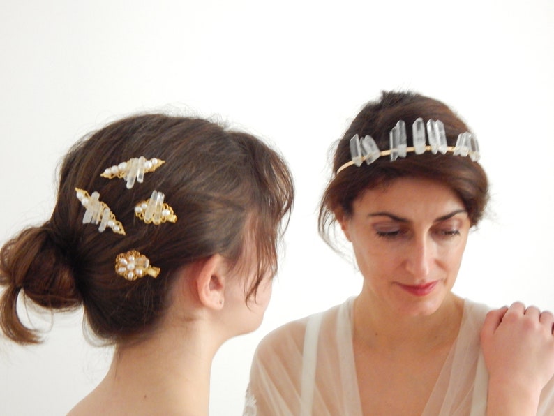 Golden Hera tiara woven with natural stones, rock crystal points, for weddings or other occasions image 10