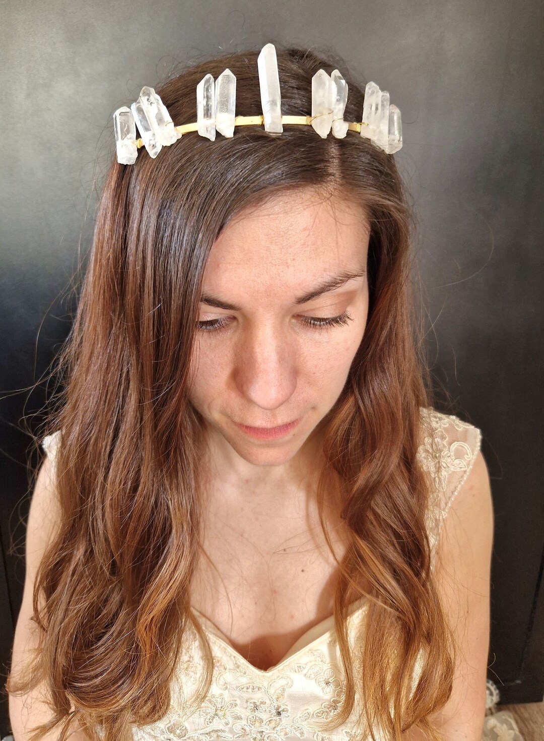 Artemis Golden Tiara Woven With Natural Stones, Rough Quartz Tips, for