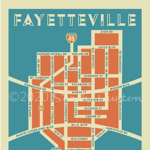 Mapa de Fayetteville Arkansas en azul y naranja