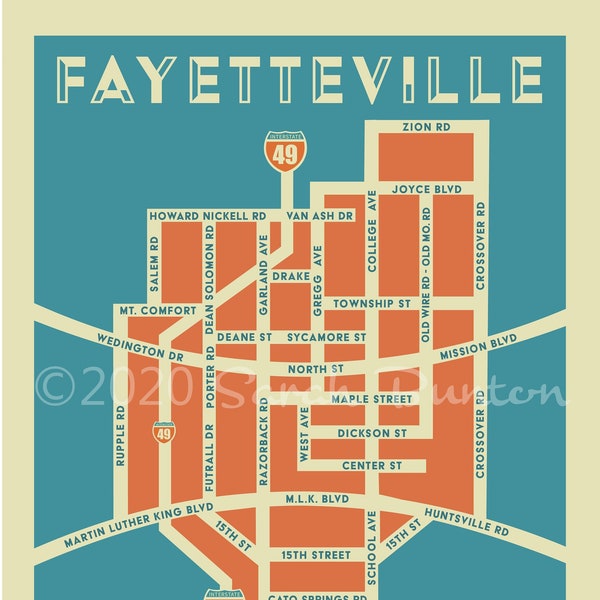 Fayetteville Arkansas Map Blue & Orange