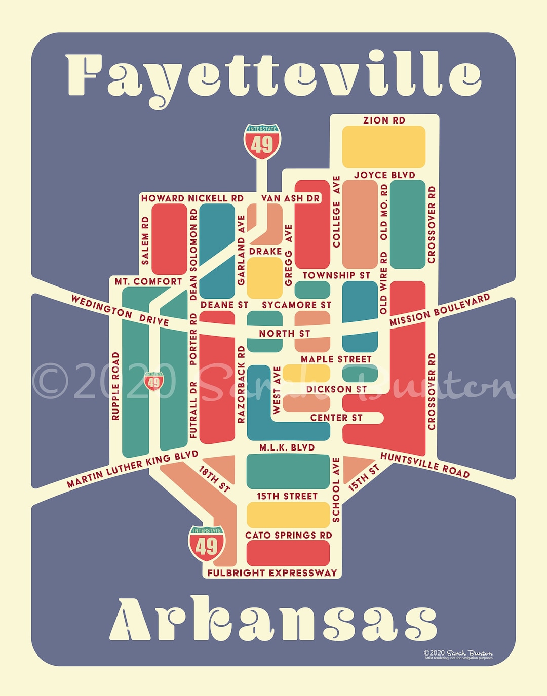 Fayetteville Arkansas Purple Map - Etsy