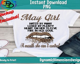 Birthday png, May girl, May birthday bday, Lips, Women born in May, tshirt design, leopard, png, printable sublimation, Commercial