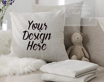 Blank White/Cream Square Mockup Pillow, Living Room Chair Photo Mock Up, Mockup Throw Pillow, Styled