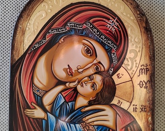 Handmade Hand Painted Icon of Virgin Mary with Jesus Christ. The Mother of God with a Child - Christian Icon.
