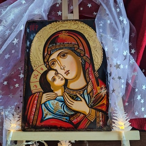 Handmade Hand Painted Icon of Virgin Mary with Jesus Christ. The Mother of God with a Child - Christian Icon.