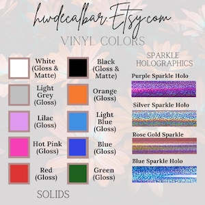 May include: A chart showing vinyl colors for crafting projects. The colors include white, black, light grey, orange, lilac, light blue, hot pink, blue, red, and green. The chart also includes a section for sparkle holographic colors, which include purple, silver, rose gold, and blue.