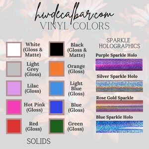 May include: A chart showing vinyl colors for crafting. The colors are organized into two categories: solids and sparkle holographics. The solid colors include white, black, light grey, orange, lilac, light blue, hot pink, blue, red, and green. The sparkle holographics include purple, silver, rose gold, and blue.