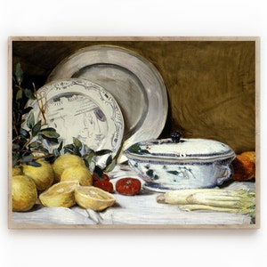 Fruit Still Life/Still Life/Fruit/Lemons/Printable Art/Digital Download/Wall Art/Fine Art/Pewter Plate/Blue White Ceramic