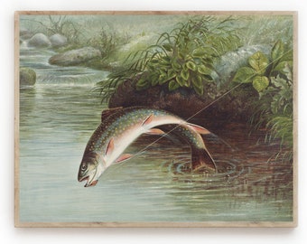 Fishing Painting/Fine Art Digital Prints/Fish on Hook/Fishing/Adirondack Decor/ Field and Stream/ Man Cave/Downloadable Print