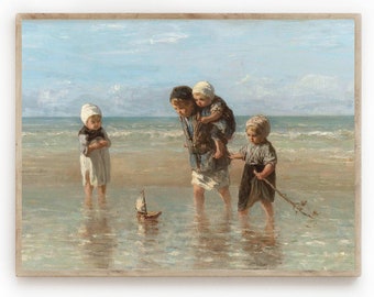 Vintage Beach Painting | Children Playing, Coastal Nursery Art (Digital Download)