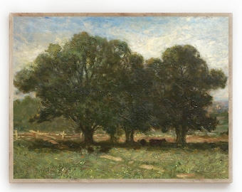 Vintage vaches dans la peinture à l'huile de champ, art de paysage de campagne (téléchargement numérique)