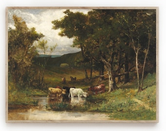 Vintage Kuh Gemälde 19.Jh Landschaft auf dem Land (Digitaler Download)