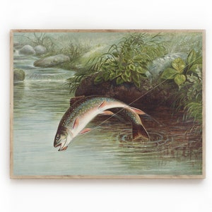 Fishing Painting/Fine Art Digital Prints/Fish on Hook/Fishing/Adirondack Decor/ Field and Stream/ Man Cave/Downloadable Print