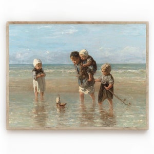Digital Landscape/Printable Costal Art/Beach/Children on Beach/Nursery Room Art/Vintage Painting/ Printable Art/Wall Art/Antique Painting