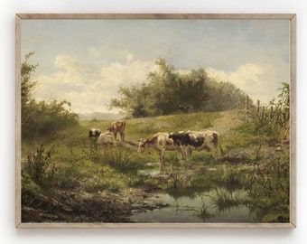 牛の絵画/ビンテージ油絵/田舎の風景/牛のプリント/農家の装飾/印刷可能なアート/デジタルダウンロード/ウォールアート/ファインアート