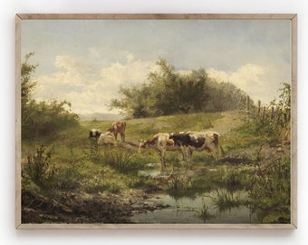 Cow Painting/Vintage Oil Painting/Country Landscape/ Cow Print/Farmhouse Decor/PRINTABLE Art/Digital Download/Wall Art/Fine Art