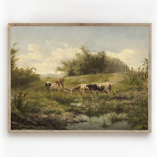 Cow Painting/Vintage Oil Painting/Country Landscape/ Cow Print/Farmhouse Decor/PRINTABLE Art/Digital Download/Wall Art/Fine Art
