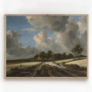 Country Landscape/Antique Oil Painting/Digital Download/Blue Skies Over Wheat Fields/European Country Landscape/Printable Wall Art