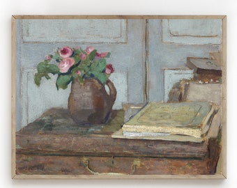 Flower Painting/Vintage Flower Painting/Floral Still Life/Roses/PRINTABLE/Roses On Artist Box/Printable Art/Digital Download/Fine Art