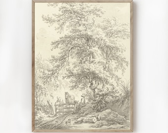 Vintage Europäische Landschaft Druck Frau, Pferd, Hund (Digitaler Download)
