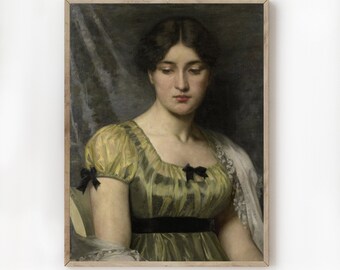 May include: A framed portrait of a woman in a yellow dress with black accents. The painting features a woman with dark hair and a contemplative expression. The dress has short, puffed sleeves and a black ribbon at the waist and on the sleeves. The background is a dark, muted color.