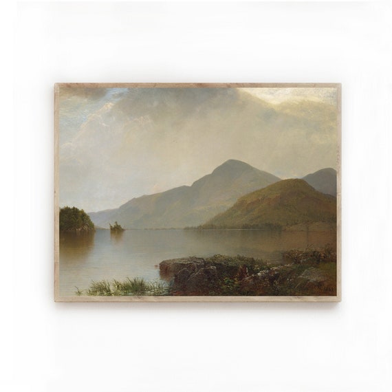 Country Landscape/Vintage Oil Painting/Lake George/Mountains/Lake/Adirondack Mountains/Cabin Decor/Printable Art/Digital Download/Fine Art