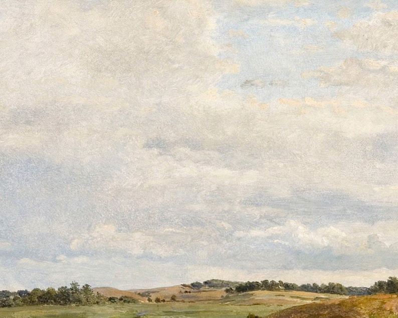 K&ouml;nnte beinhalten: Ein Gem&auml;lde einer Landschaft mit einem bew&ouml;lkten Himmel. Der Himmel ist hellblau mit wei&szlig;en Wolken. Die Landschaft ist gr&uuml;n mit ein paar B&auml;umen in der Ferne.