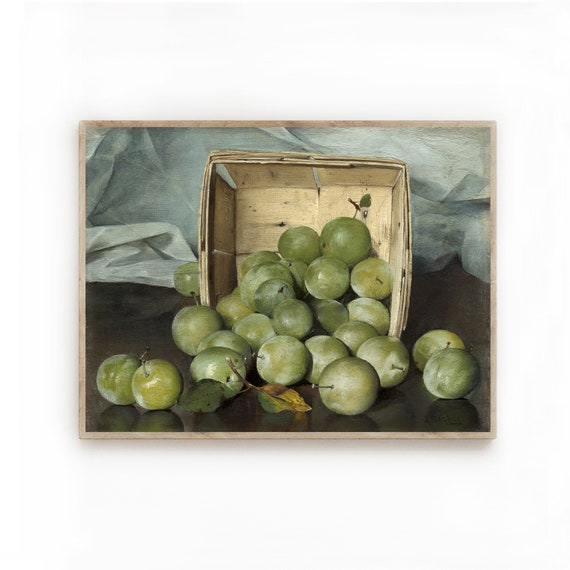 Fruit Still Life/Basket of Fruit/Green Plums in Basket/Printable Art/Digital Download/Wall Art/Fine Art