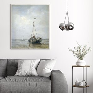 May include: A painting of a wooden boat on a beach with a cloudy sky in the background.