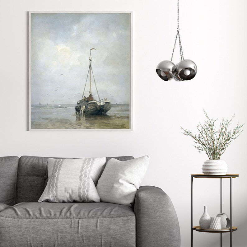 May include: A painting of a wooden boat on a beach with a cloudy sky in the background.