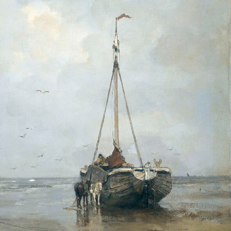 May include: A painting of a wooden sailboat with a white and blue flag on a mast, anchored on a sandy beach with a cloudy sky in the background.
