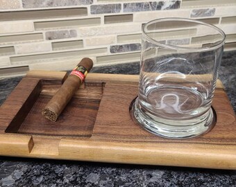 Black Walnut Live Edge Whiskey coaster and Cigar Ash tray w/ Whiskey glass included.