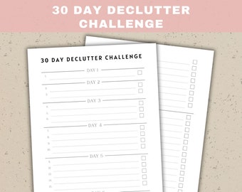 Op de afbeelding: Een printbare checklist voor een 30-daagse opruimuitdaging met twee kolommen. De linker kolom heeft de nummers 1 tot en met 15 en de rechter kolom heeft selectievakjes. De tekst "30 Day Declutter Challenge" staat bovenaan de pagina.